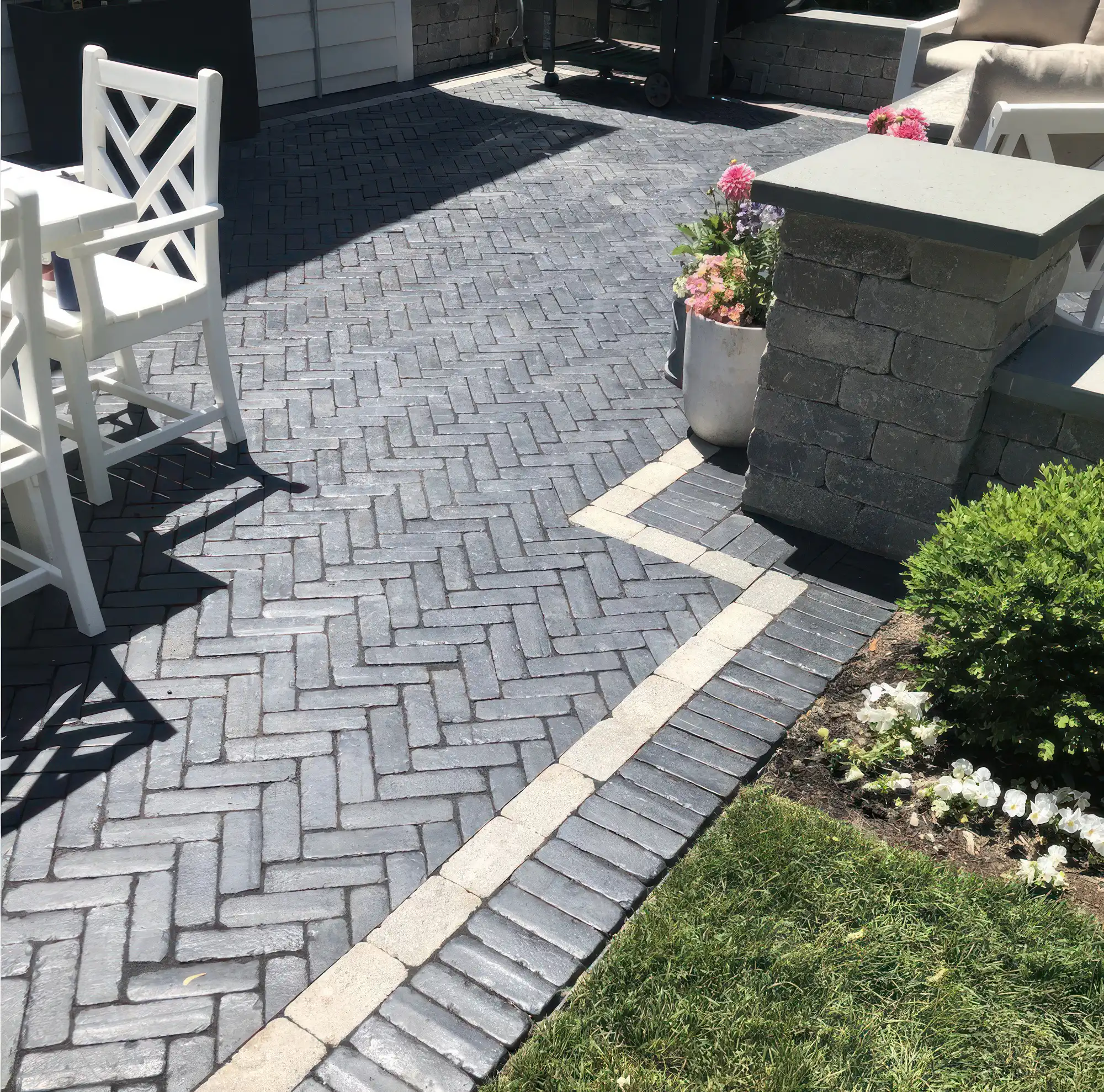 Closeup of herring bone designed patio