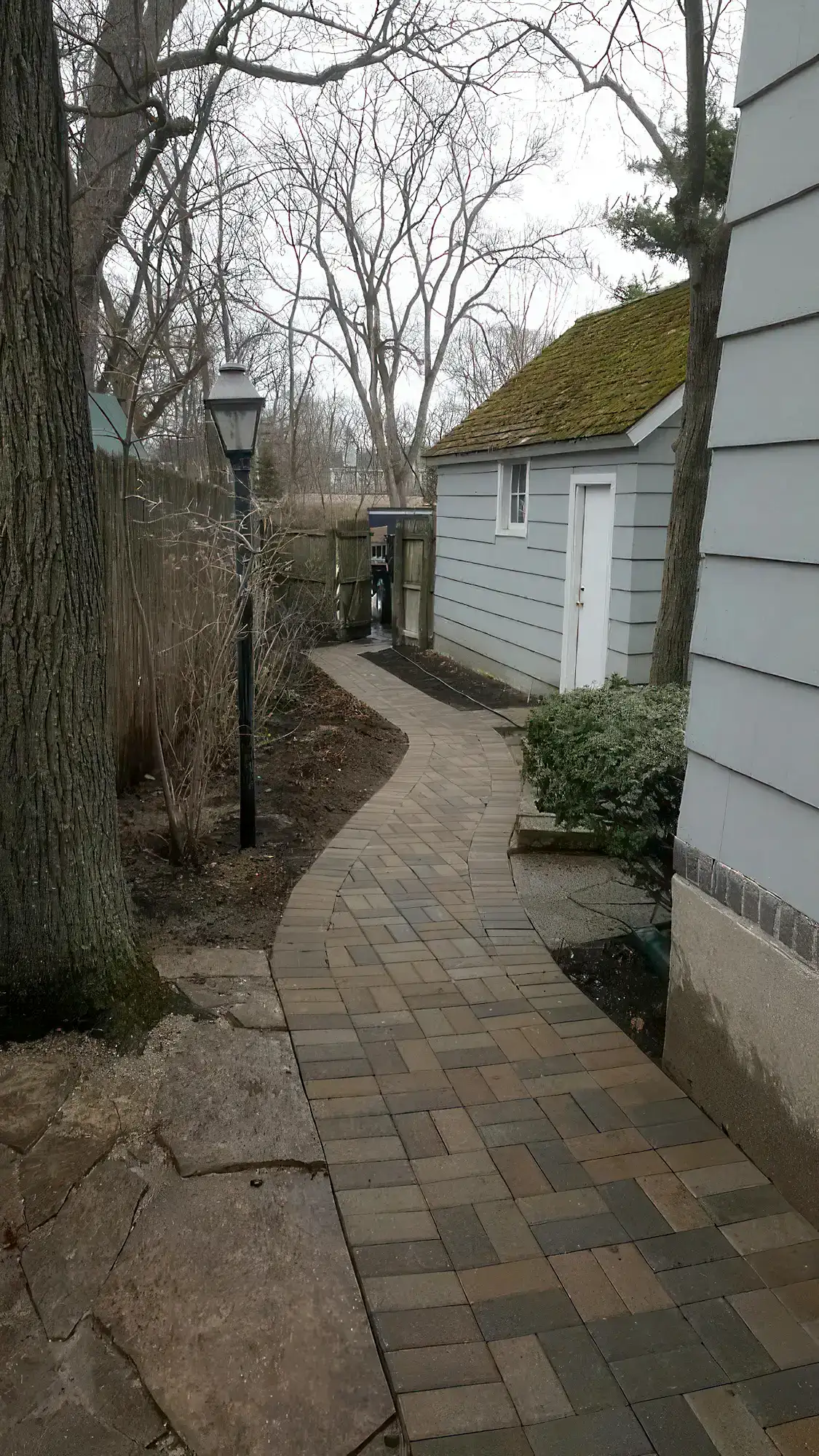 multi-colored irregular patterned brick walkway